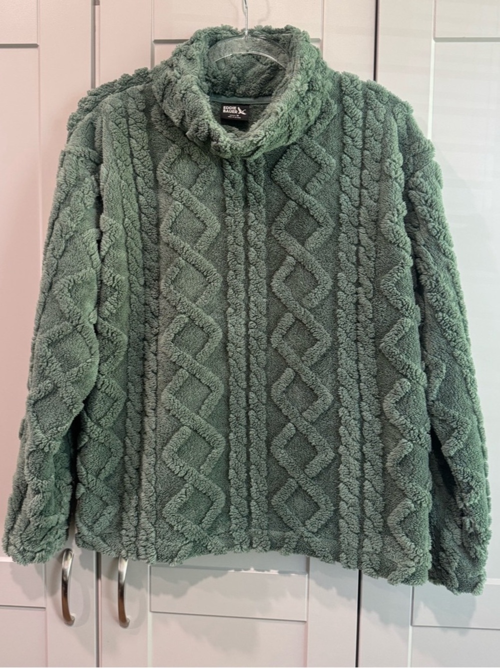 Eddie Bauer Women's Cable Fleece Pullover Teddy Jacket Green Medium